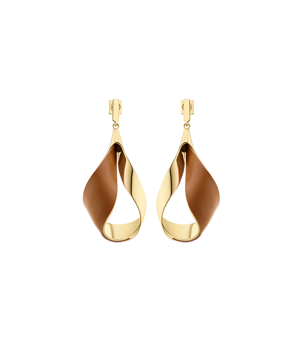 Ormé Pendant Earrings - Gold Gilded with Camel Leather